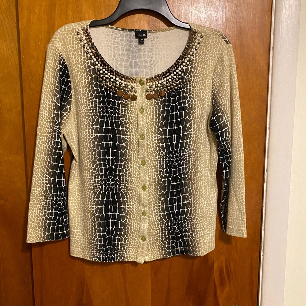Rafaella Beige Animal Print Top with Beaded Neckline